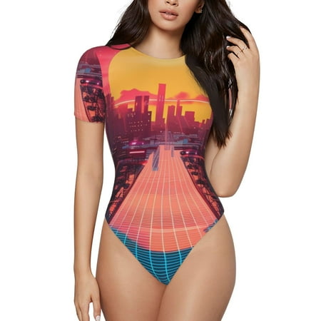 Lsque Neon Sunset Cyberpunk Cityscape Women s Crew Neck Short Sleeve Bodysuit Basic T Shirts Tops Onesie Adult Cute Pajama-X-Large