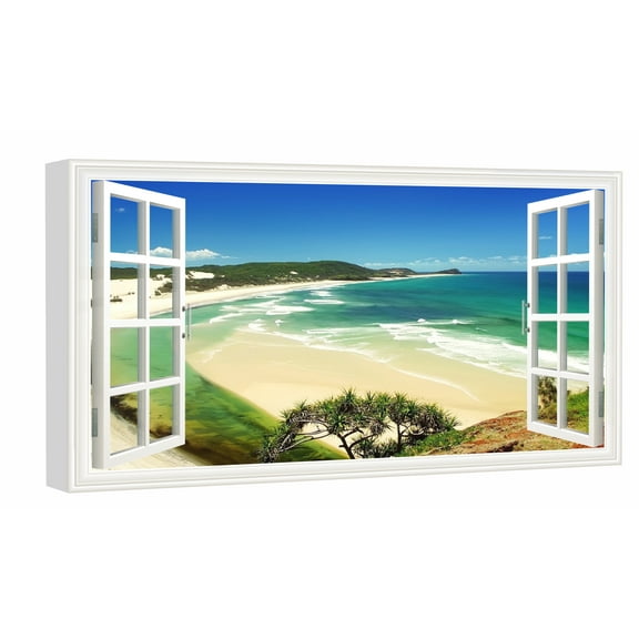 Window View of Indian Beach Canvs Art Fake Open Window Wall Art Indian Beach Framed Painting For Livingroom Office Bedroom Ready to Hang