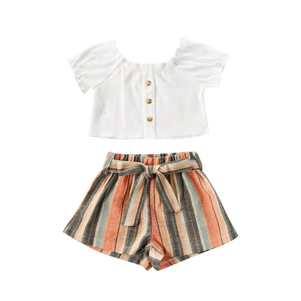2Pcs Little Baby Girl Short Sleeve Solid Color Crop Tank Tops and Striped  Shorts Outfits - Walmart.com