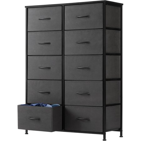 10-Drawer Fabric Dresser with Wood Top - Compact Storage Cabinet for Bedroom and Living Room Grey