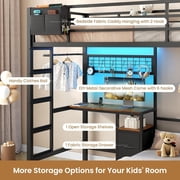 Metal Bunk Bed Twin Over Twin Size with Desk L-Shaped Bunk Bed with Led Lights & Charging Station for Adults, Twin Loft Bed Frame with Storage Shelves & Safety Guardrail & Ladder, Black