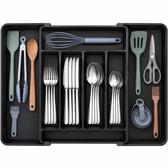 Expandable Silverware Organizer, Adjustable Plastic Utensil Tray for Kitchen Drawer, White, 8.5-14 x 12 Inch