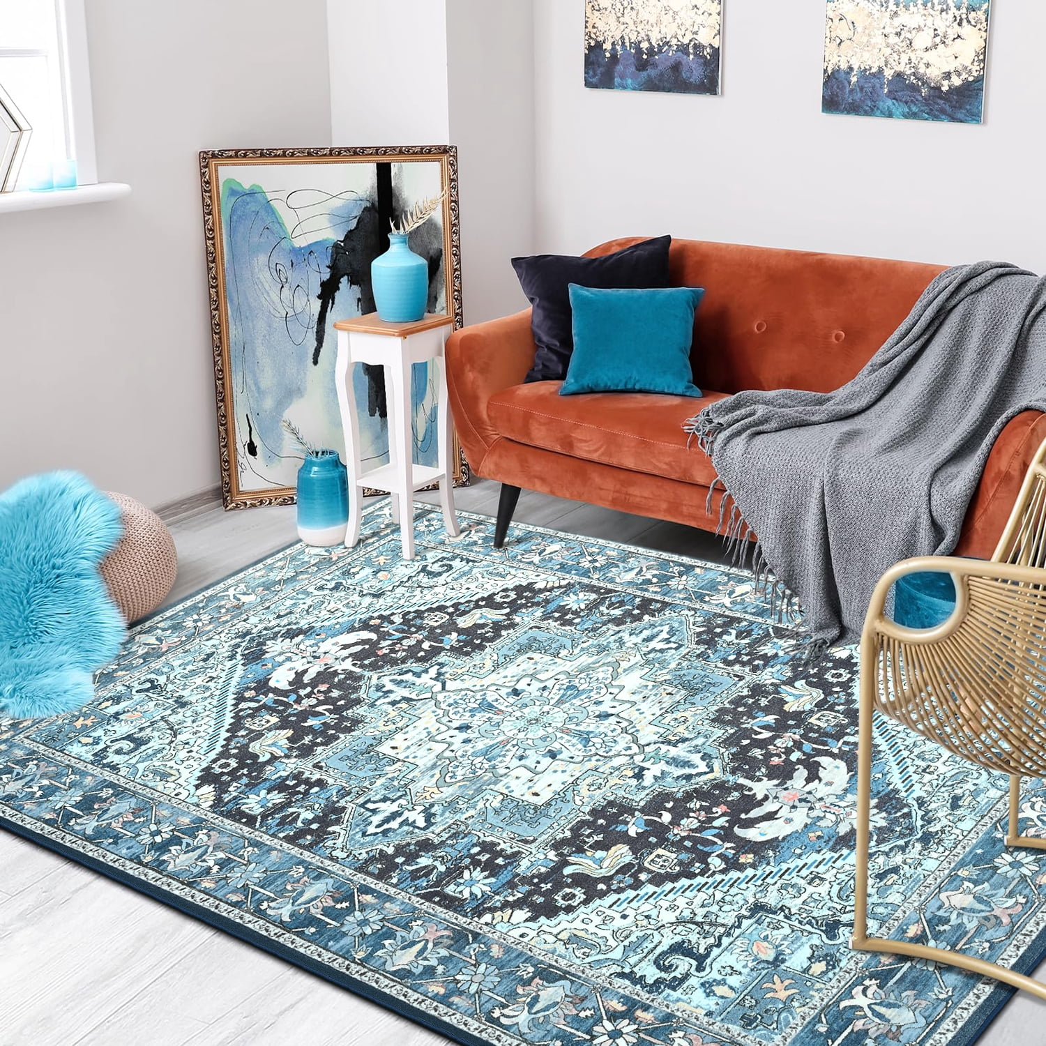Lochas Vintage Floral Rugs Soft Accent Area Rug Low-Pile Carpet for Living Room Bedroom Home Decor,8'x10',Blue