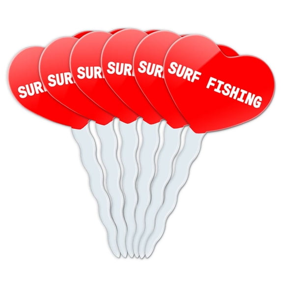 Surf Fishing Heart Love Cupcake Picks Toppers - Set of 6