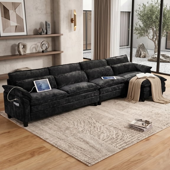 Howcool 113" Modular Sectional Sofa, U-Shaped 3 Seater Cloud Couch with Movable Ottoman, Deep Seat Chenille Sofa with USB Charging Ports & Side Pockets for Living Room, Grey