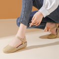 thumbnail image 5 of Women's Summer Linen Slope Heel Sandals Ethnic Style Canvas High Heels Breathable Soft Lightweight Non- Comfortable Casual Summer Walking Footwear Beige 35, 5 of 8