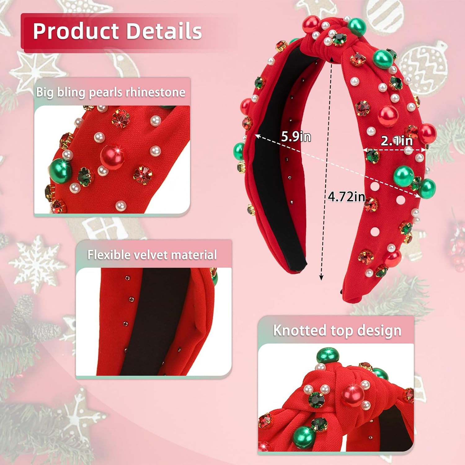 Christmas Pearl Knotted Headband for Women Red Green Pearl  display picture 1