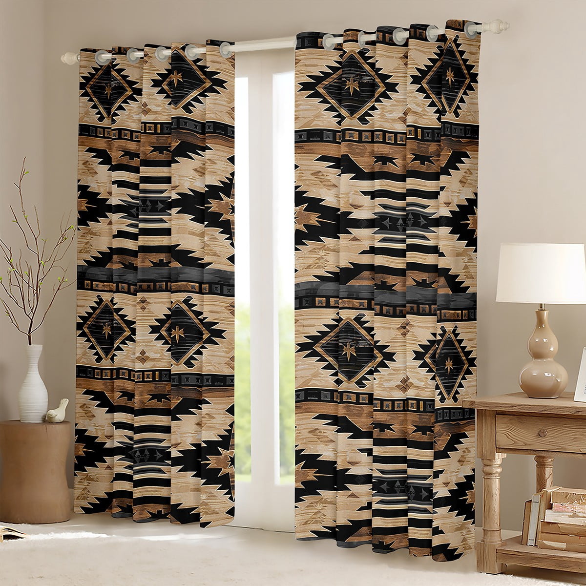 Manfei Hippie Aztec Curtains and Drapes (42x63), Pale Brown Curtains Pack of 2, Bohomian Western Black Out Curtains, Window Curtains Room Decoration