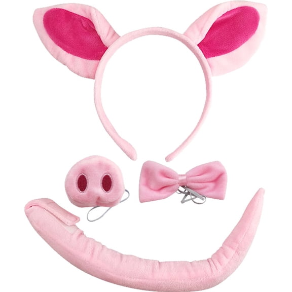 vlrwzc Pig Headband Set with Ears Nose Tail and Bow Tie Pink for Halloween Celebrations, Animal Theme Parties
