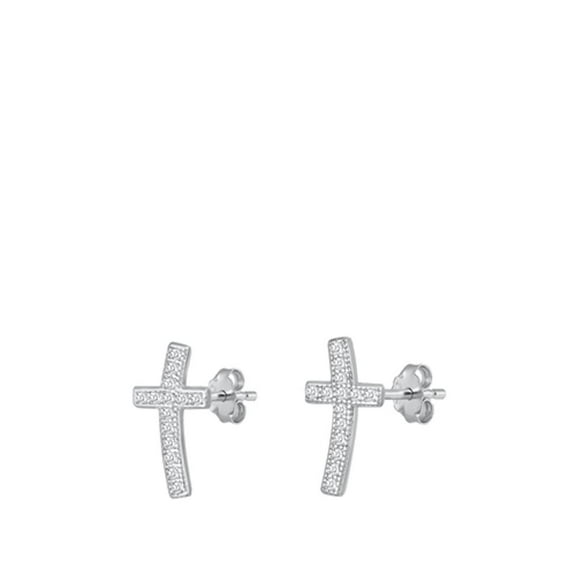 Sterling Silver Clear CZ Chic Curved Cross Stud Christian Earrings 925 New Jewelry Female