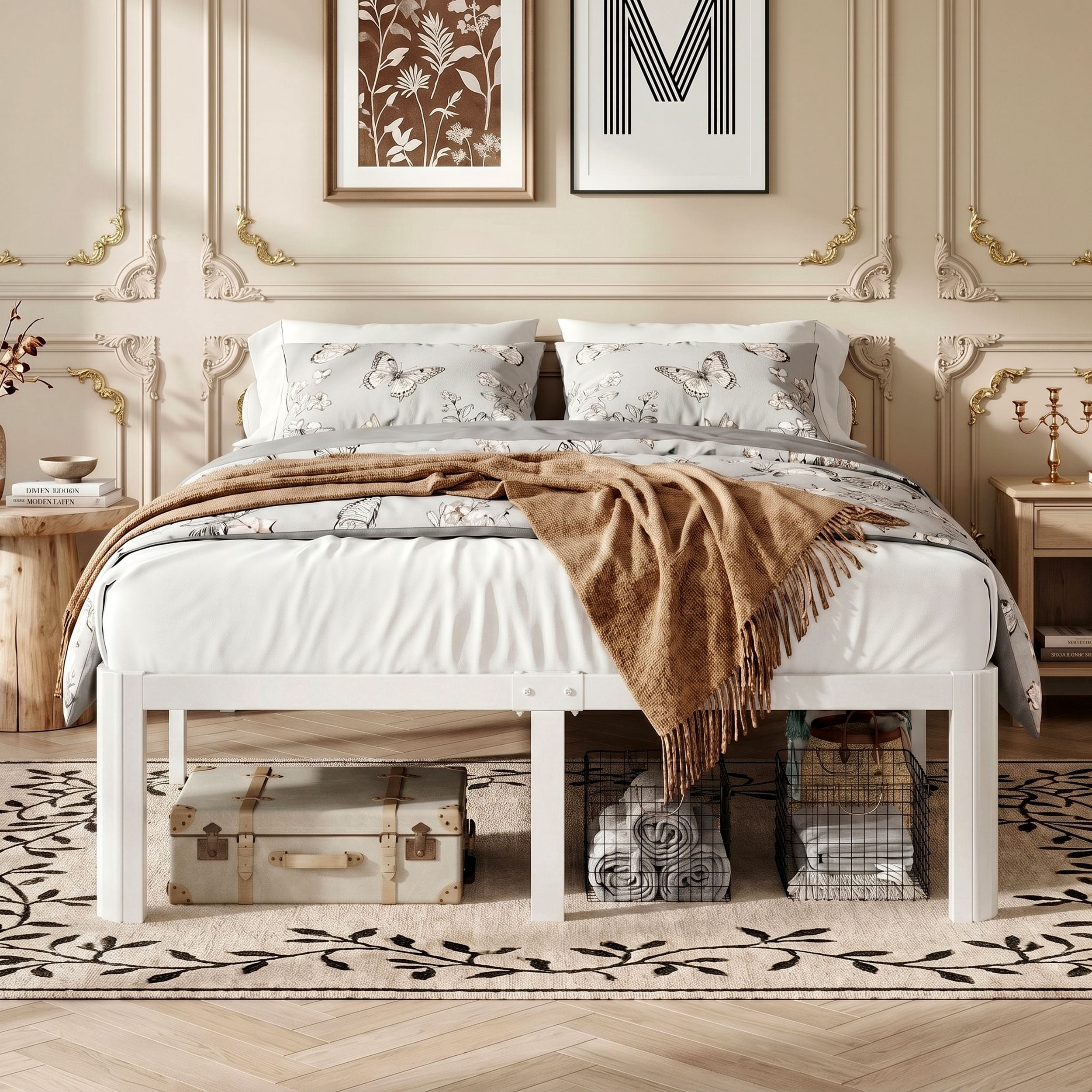 Einfach Queen Bed Frame, Platform Metal Bed with Ample Under-Bed Storage Space, Upgraded Curved Bed Feet, 3500 LBS Capacity, White