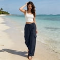 thumbnail image 5 of Cagogo Women's Drawstring Cargo Pants Wide Leg With Pockets Casual Loose Long Lounge Party Trousers Summer Travel Beachwear Clothes, Navy M, 5 of 7