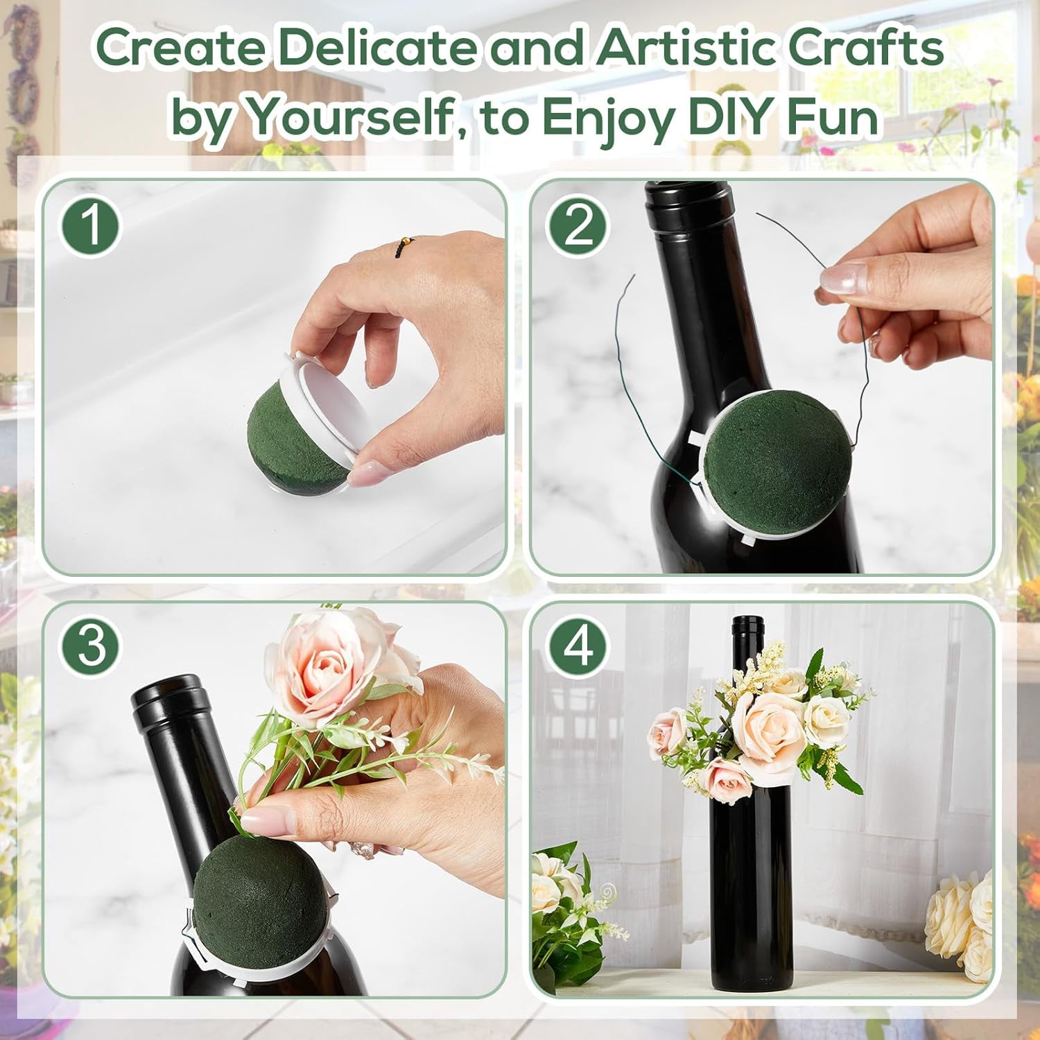 24 Pcs Mini Round Floral Foam Holder with Green Arrangement Wire, Floral Foam Arrangement Supplies for Table, Wedding, Wine Bottle Decor