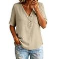 thumbnail image 4 of LIZUOJUN Women's Mid sleeve T-shirt Casual Button Down Washed Cotton LinenMiddle Length Sleeve Tops Casual Button Round Neck Loose Summer Top T Shirt,Beige L, 4 of 6
