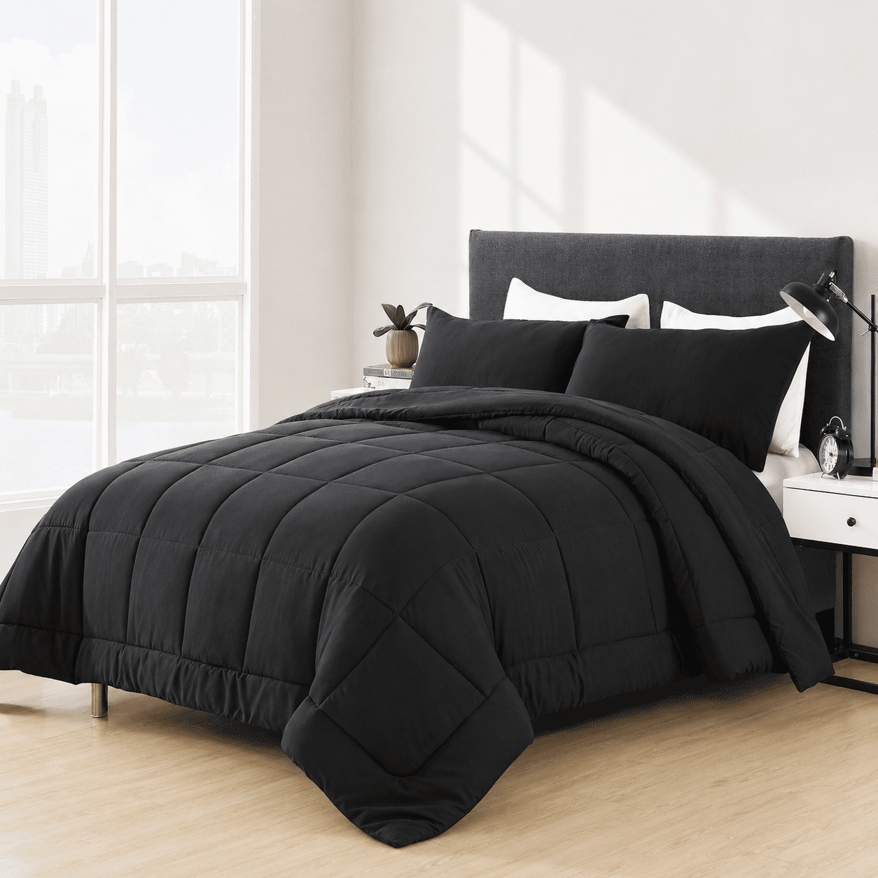 YEPCLUB 3-Piece Queen Size Comforter Set, Black Down Alternative Reversible Bedding Set, All-Season Quilted Soft Comforter with Pillowcases