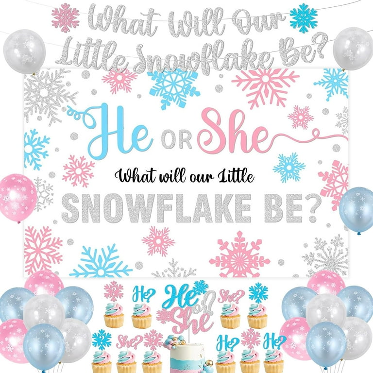 Winter Gender Reveal Party Decorations, What Will Our Little Snowflake Be  Banner Backdrop He or She Snowflake Cake Cupcake Topper Pink Blue Balloons