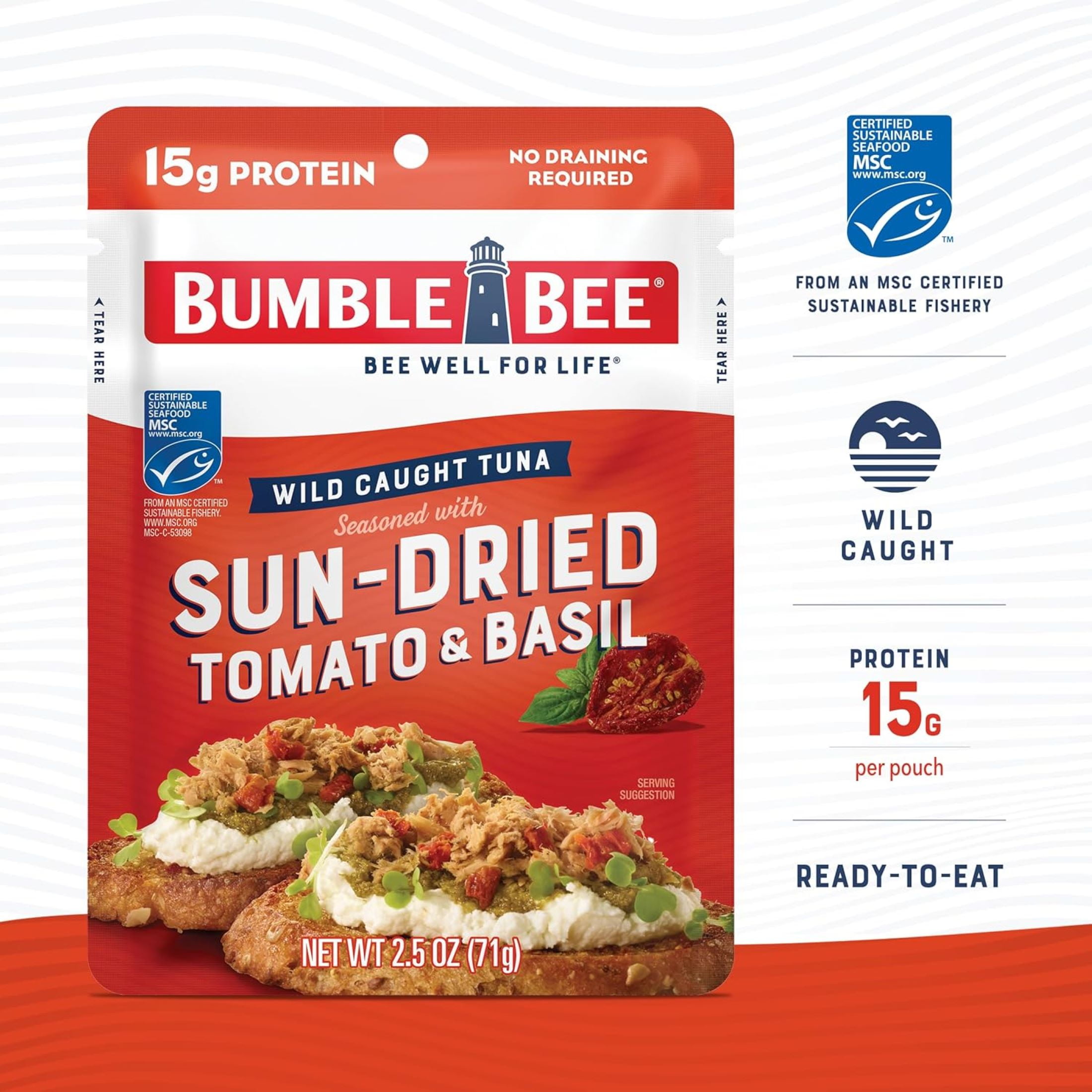 (3 pack) Bumble Bee Sun-Dried Tomato & Basil Seasoned Light Tuna, Wild Caught, Gluten Free, 15g Protein per Serving, Ready to Eat, Shelf Stable Pouch, 2.5 oz