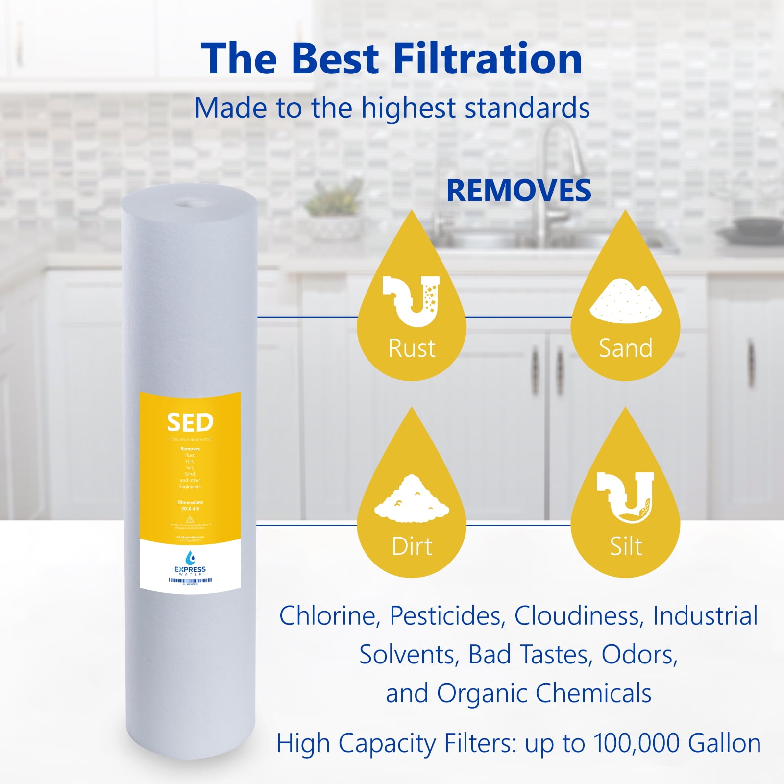 Express Water – 10 Pack Big Blue Sediment Replacement Filter – SED Dirt, Sand, Rust High Capacity Water Filter – Whole House Filtration – 5 Micron – 4.5” x 20” inch