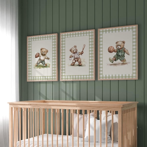 Sports Teddy Nursery Art Gingham Plaid Illustration Set 3 Unframed Paper Print 8x12