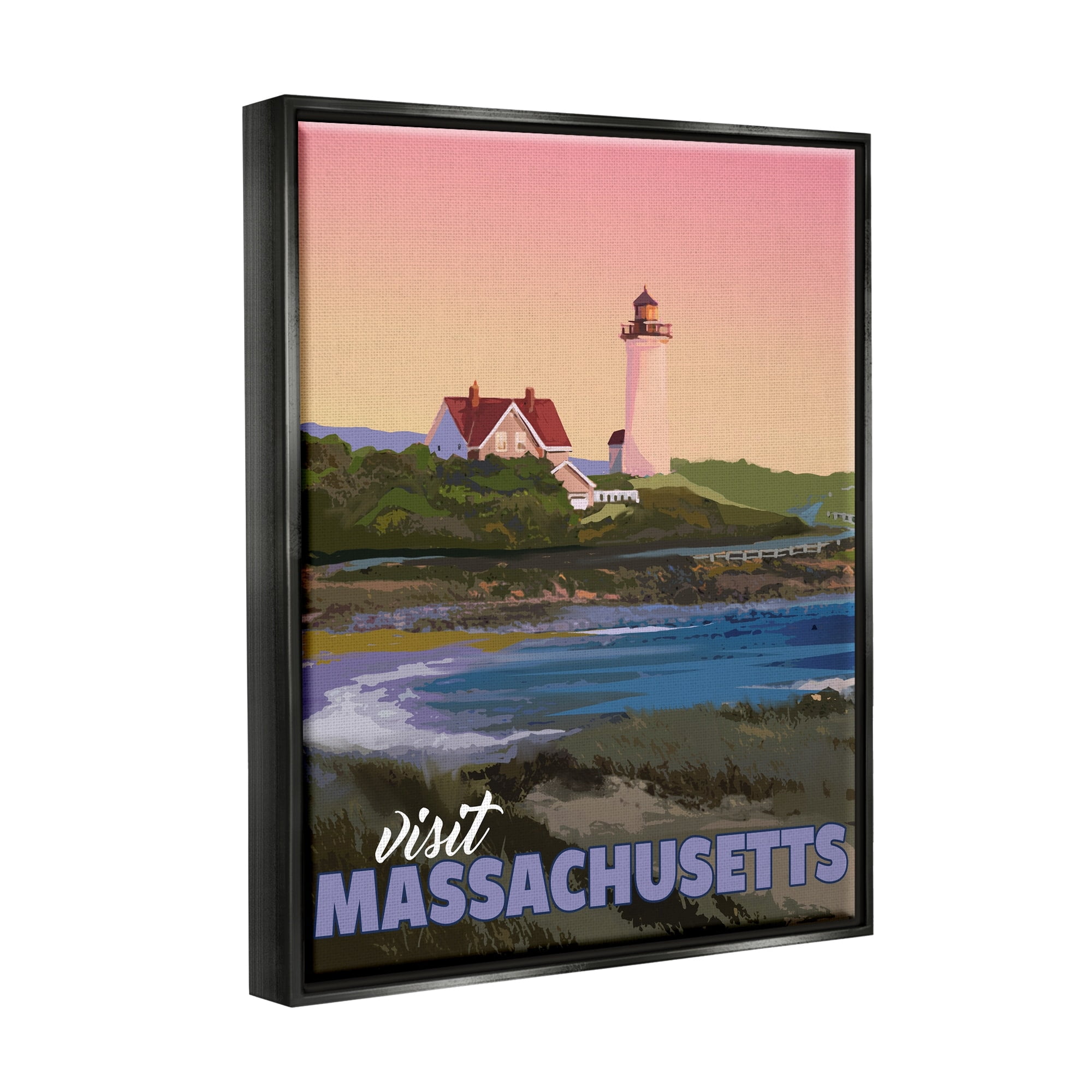 Stupell Industries Visit Massachusetts Pink Sunset Sky Ocean Inlet Graphic Art Jet Black Floating Framed Canvas Print Wall Art, Design by David Owens Illustration