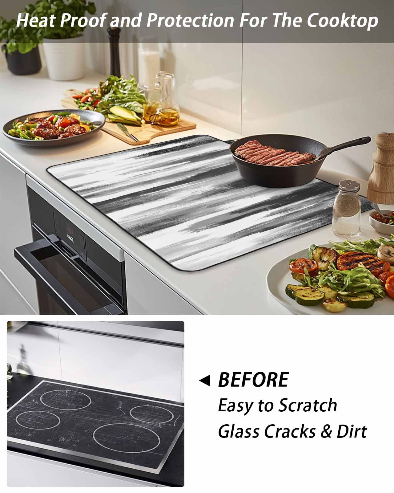 Stove Top Covers for Electric Stove, Black Gray White Glass Stovetop Cover Protector, Vintage Rustic Abstract Ombre Aesthetic Induction Cooktop Protector Oven Mat for Kitchen Countertop 24"x21"