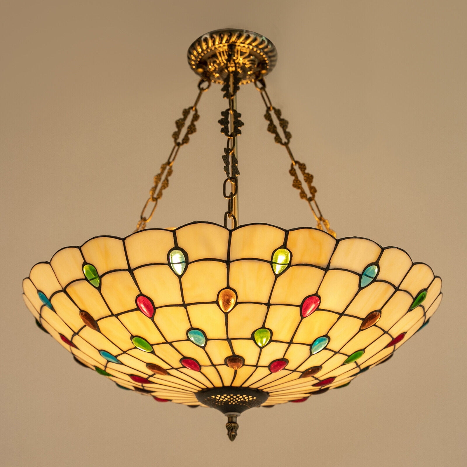 TFCFL Tiffany Style Hanging Pendant Lamp Stained Glass Chandelier Domed Peacock Tail Ceiling Light Fixture E26