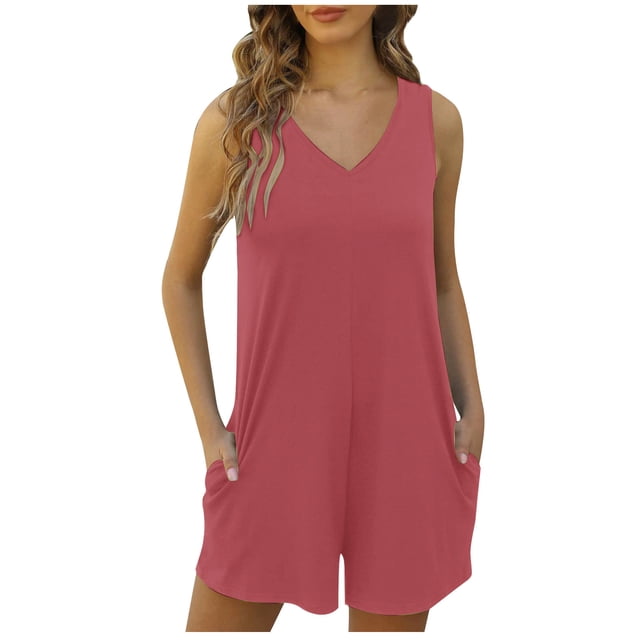 AherBiu Womens Jumpsuit Casual V Neck Summer Loose Stretchy Overalls Comfy Zippered Sleeveless Rompers Shorts