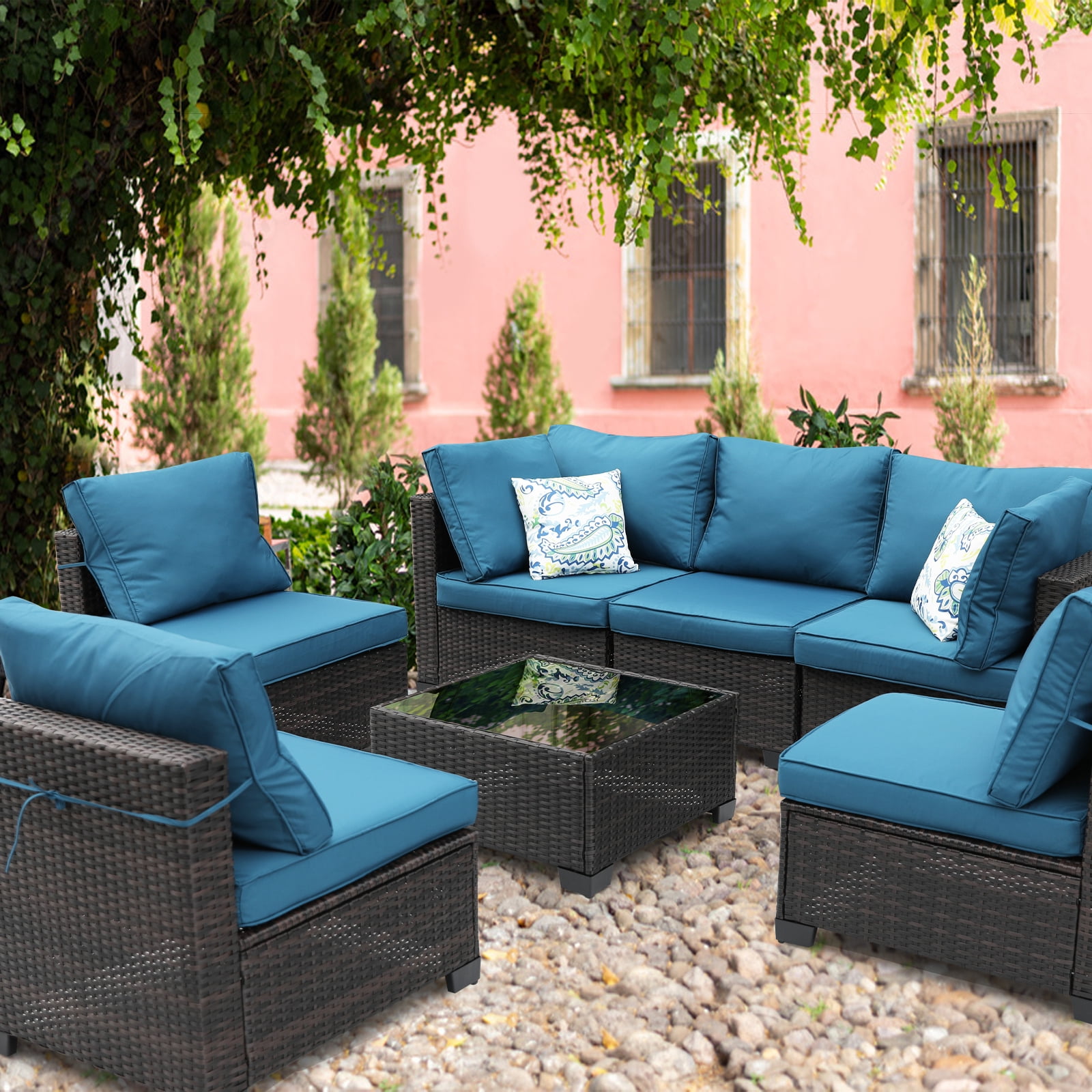 ZXRLHX 7-Piece Outdoor Rattan Patio Furniture Set (Brown/Peacock Blue) with Anti-slip Cushions
