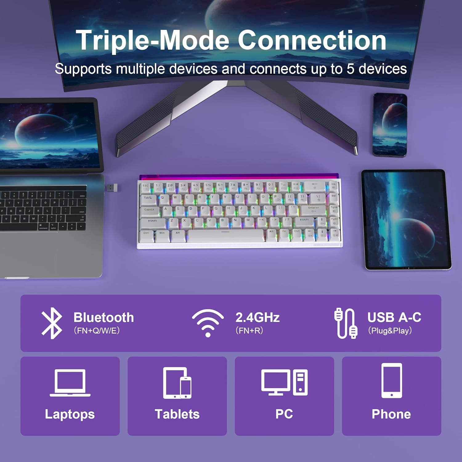 MageGee AIR68 Mechanical Gaming Keyboard - Hall Effect Magnetic Switch, 8000Hz Ultra-Low Latency, Tri-Mode Connectivity, Hot-Swappable 60% Compact RGB Backlit