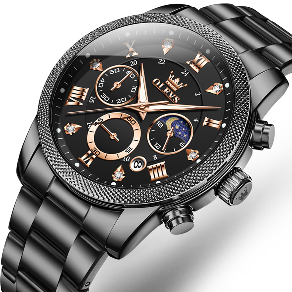 OLEVS Chronograph Watches for Men Fashion Dress Analog Quartz Moon Phase Stainless Steel Waterproof Luminous Date Luxury Mens Wrist Watches Reloj Para Hombre Rose/Black