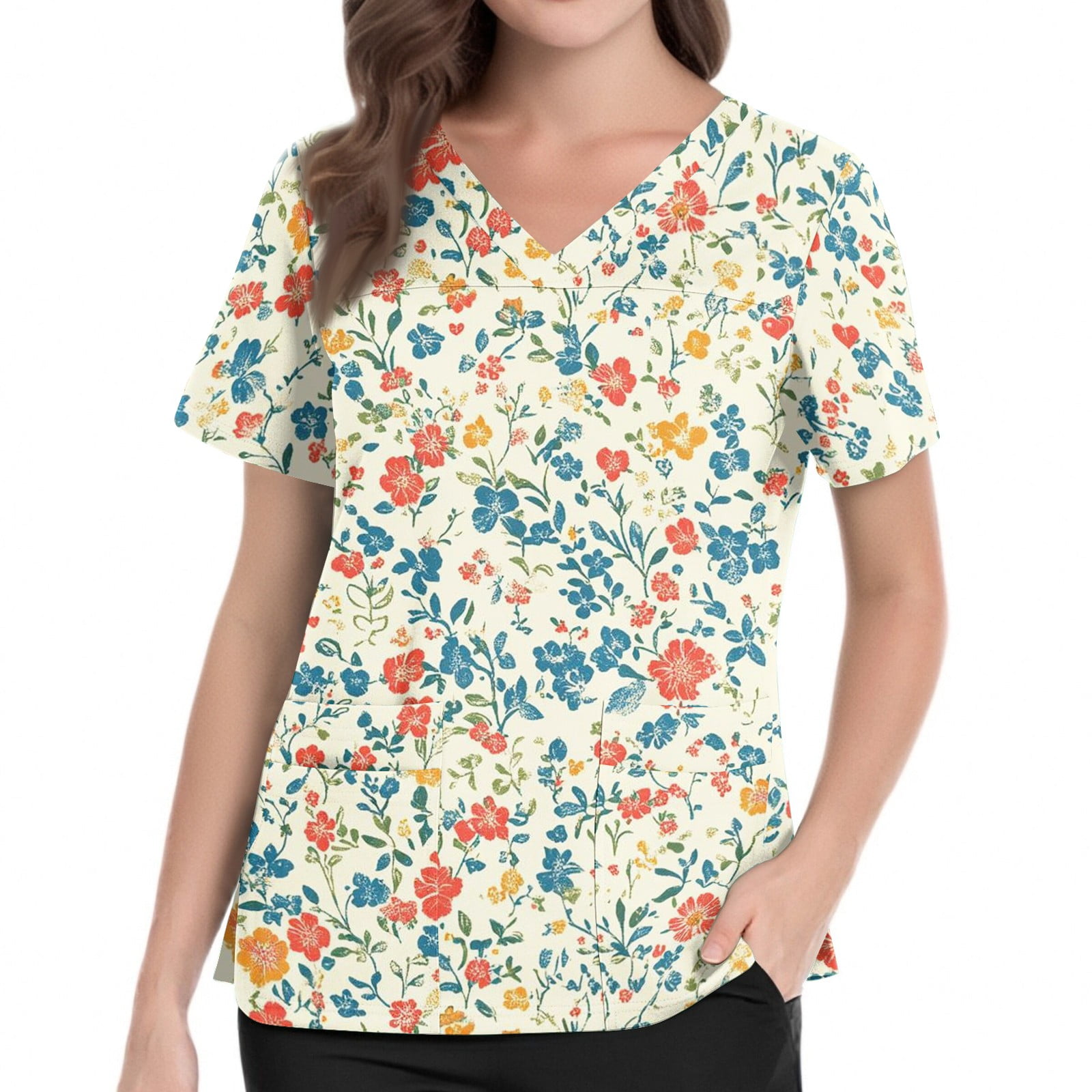 Womens Scrubs Tops Floral Print V Neck Plus Size Scrub Shirts Nursing Scrubs Stretchy Summer Holiday Short Sleeve Casual Side Slits Uniform Workwear With Pockets Blue S