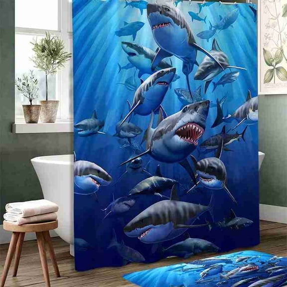 70x70 inch Deep Sea Sharks and Sun Rays Ocean Theme Shower Curtain, Waterproof Polyester Fabric with Hooks for Bathroom Decor