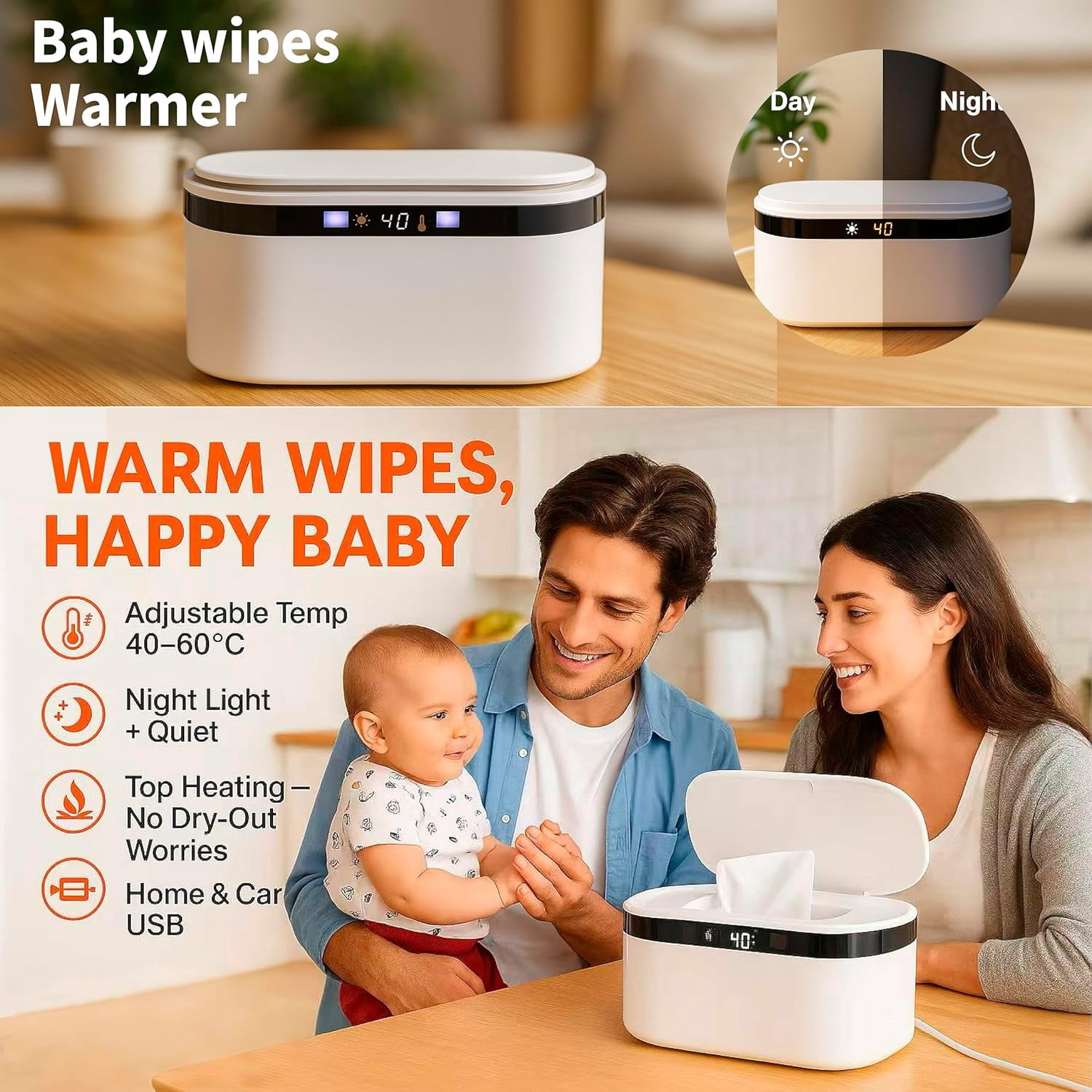 Baby Wipe Warmers, Wet Wipe Warmer for Babies, Wet Wipes Dispenser with Night Light, Fast & Even Heating, 5 Levels of Temperature Adjustment, Temperature Display for Home Car Travel Large Capacity