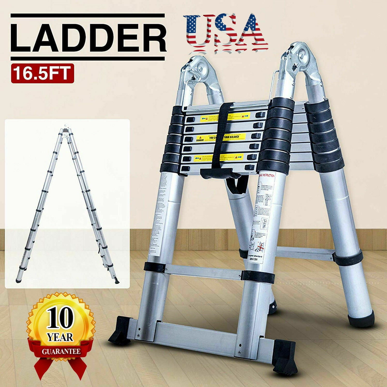 2.5m+2.5m Retractable Climb 16 Steps  Compact Save Space Extends to 5m Ladder 