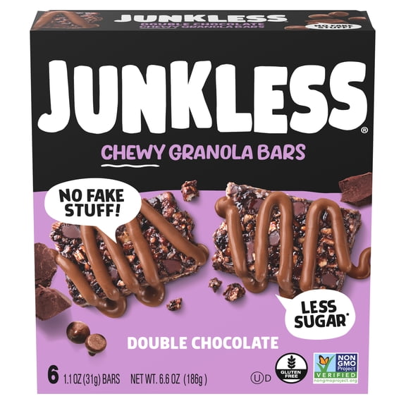 JUNKLESS Chewy Double Chocolate Granola Snack Bars, 1.1 oz, 6 Count