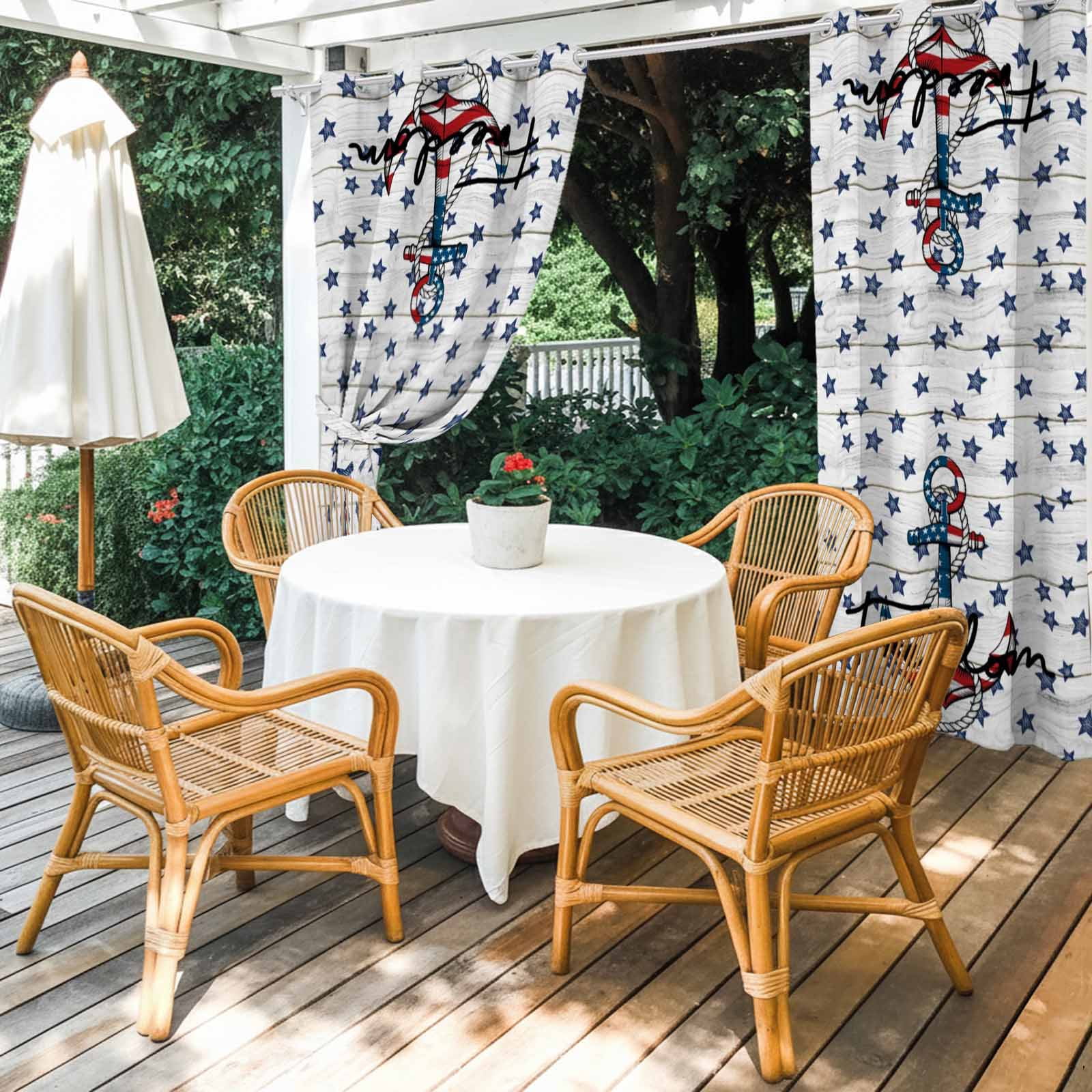 Independence Day Outdoor Curtains for Patio, Freedom Anchors Blue Star Flags White Wood Grain Sunshade Privacy Drapes Grommet Waterproof Outside Curtains for Porch/Cabana/Balcony 54"x 108", 1 Panel