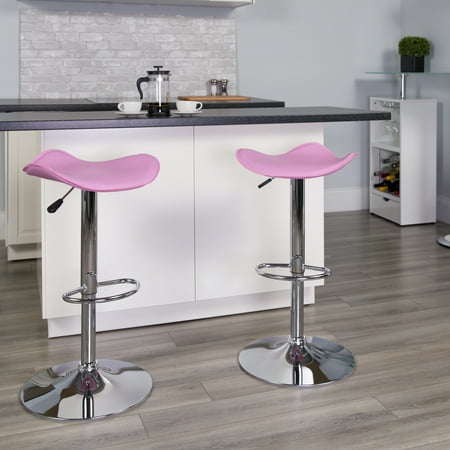 Flash Furniture Jefferson 2 Pk. Contemporary Pink Vinyl Adjustable Height Barstool with Wavy Seat and Chrome Base