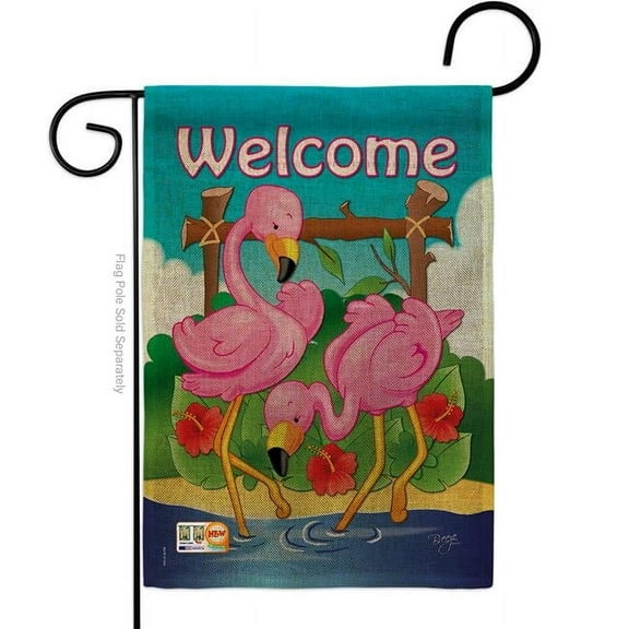 Breeze Decor BD-BI-G-105029-IP-DB-D-US09-BD 13 x 18.5 in. Flamingos Burlap Garden Friends Birds Impressions Decorative Vertical Double Sided Flag