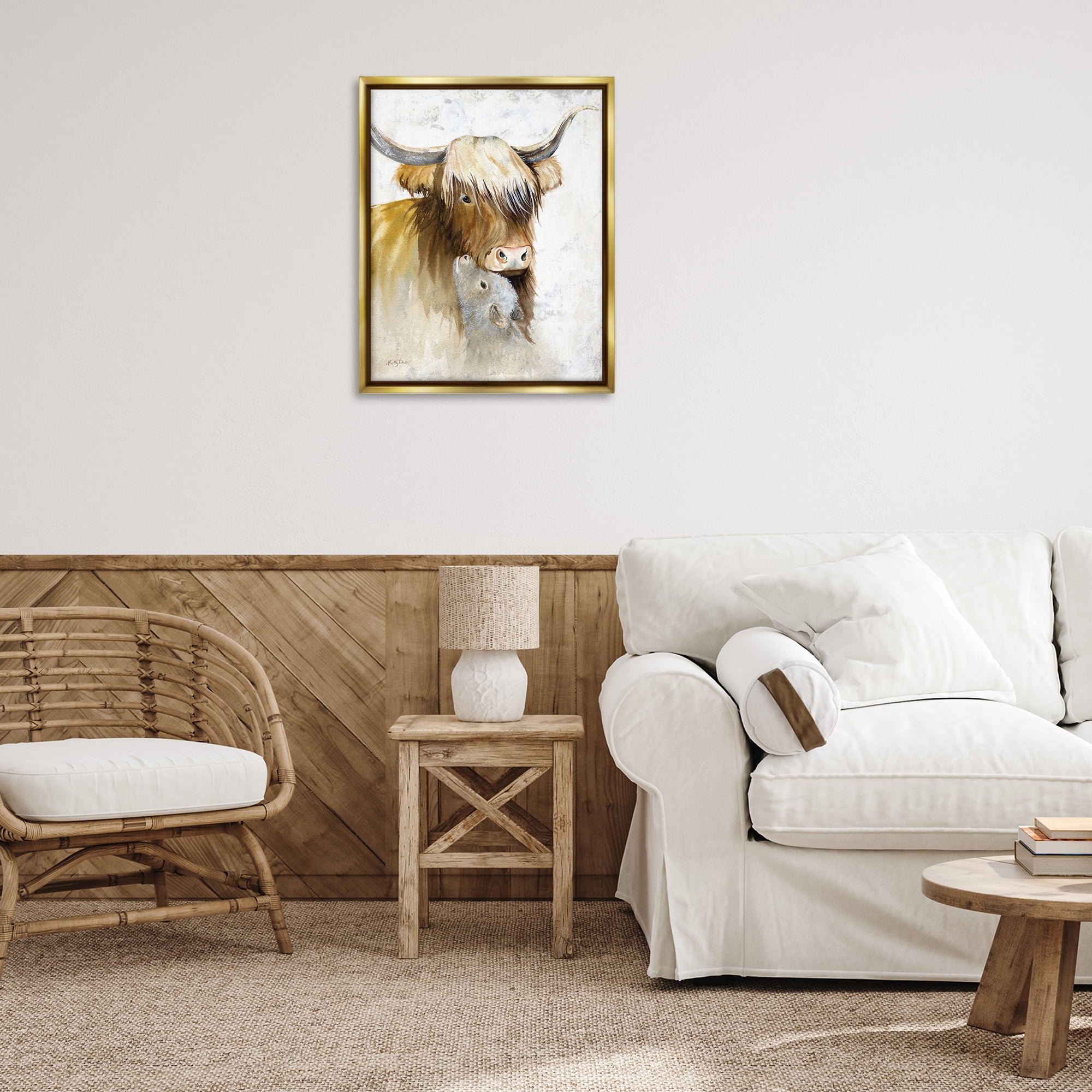 Stupell Industries Neutral Longhorn & Calf Animals & Insects Painting Gold Floater Framed Canvas Art Print Wall Art, 25 x 31