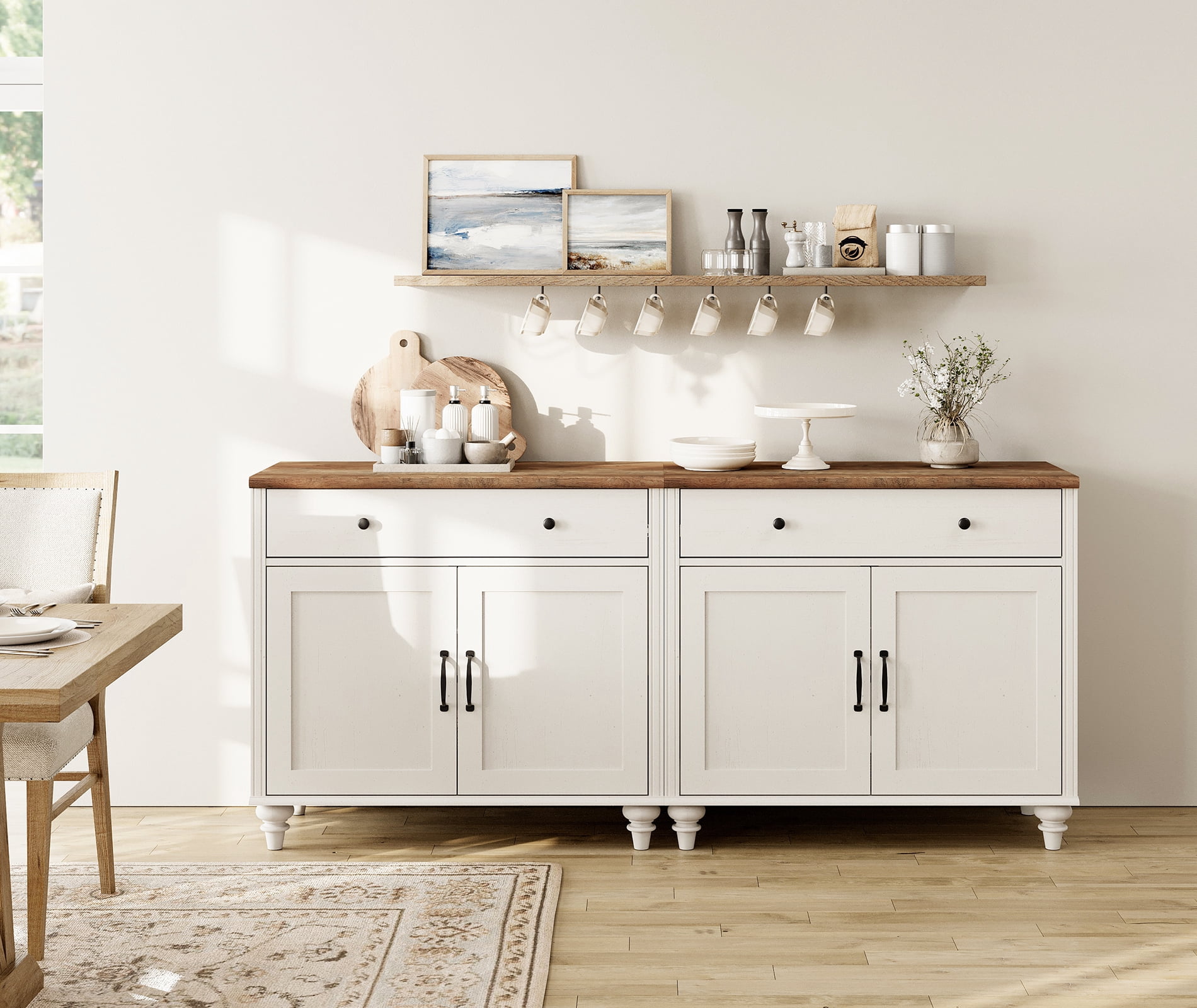 Large Sideboards Cabinet with 4 Doors and 2 Drawers, Modern Buffet Cabinet Wood Kitchen Storage Cabinets, Farmhouse Sideboard Credenza for Dining Room, White, 68"