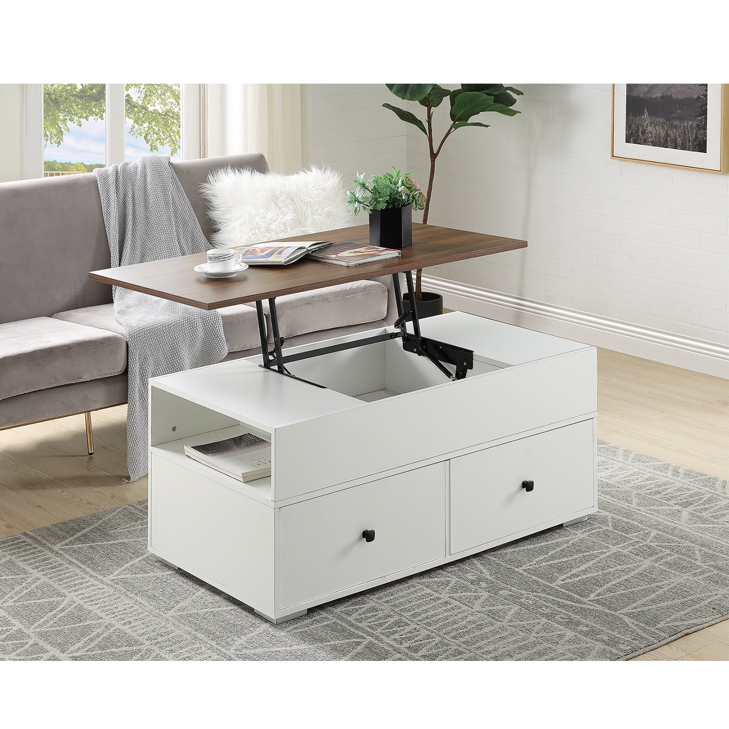 Kadyn Lift Top Coffee Table with Hidden Compartment Storage Rack, Wooden Living Room Table for Office, White Kadyn Lift Top Coffee Table with Hidden Compartment Storage Rack, Wooden Living Room Table for Office, White