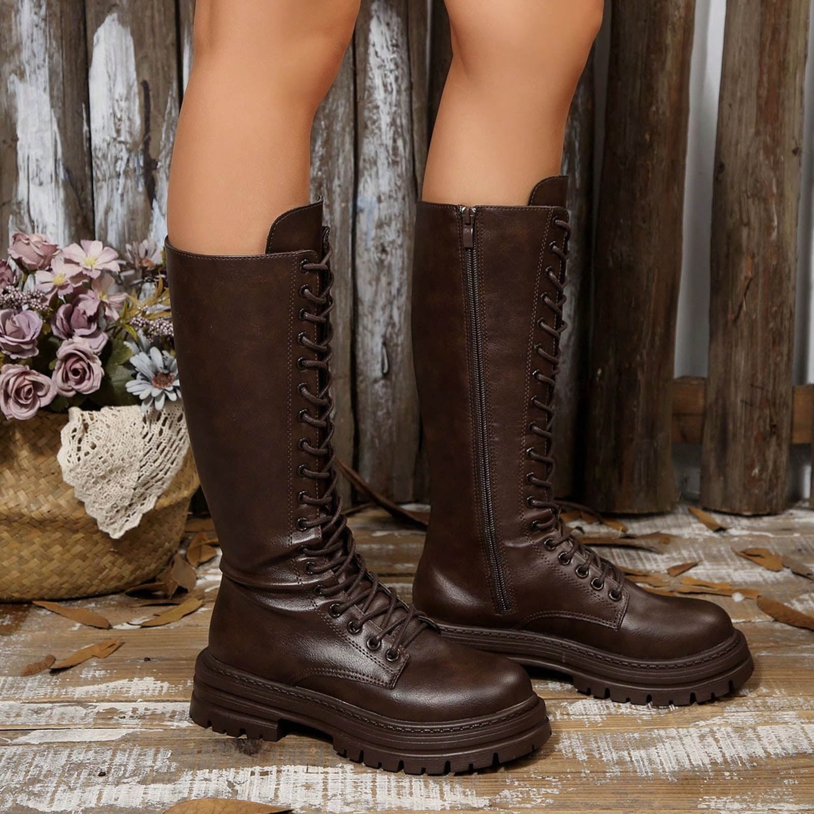 Modisza Knee High Boots Womens Platform Wide Calf Lace up Combat