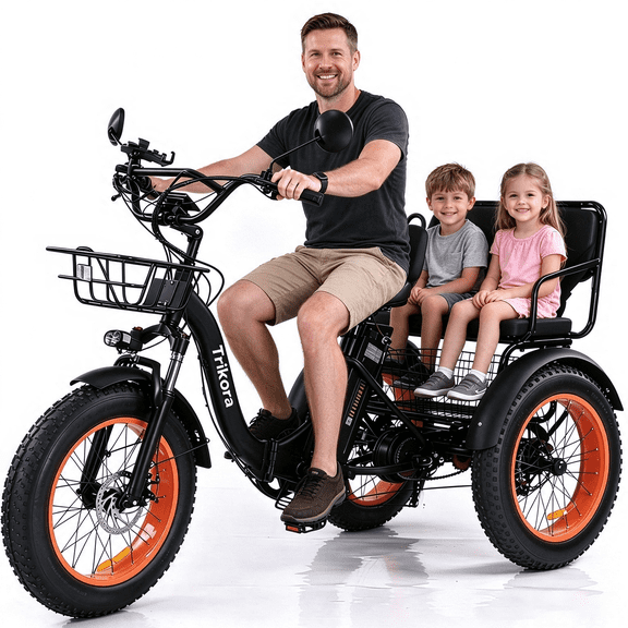 Two Seater Electric Tricycle for Adults, Folding Electric Trike with Passenger Seat, 48V 15.6Ah Peak 750W Motor 1350W Aluminum Alloy Frame with Removable Battery 20x4 Fat Tires, Rear Differential
