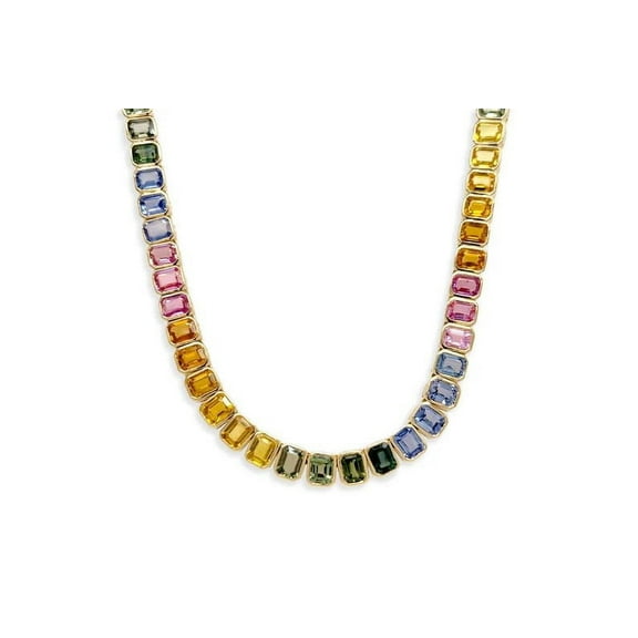 Emerald cut Rainbow Sapphire bezel set tennis necklace gold Plated, emerald cut Sapphire tennis necklace gold, tennis necklace gold Plated
