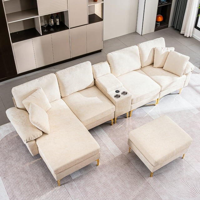 Noble House Canapé Sectionnel en Forme de U en Forme de Nuage, Équipé d'Un Fauteuil Inclinable Simple et d'Un Repose-Pieds Mobile, interface USB, Beige