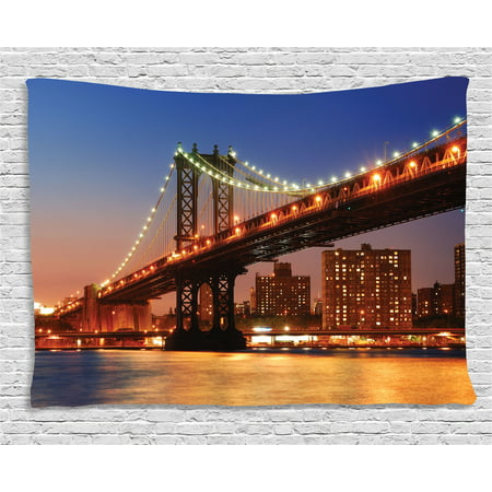 New York Tapestry, Manhattan Bridge with Night Lights over Hudson River Brooklyn Popular Town Image, Wall Hanging for Bedroom Living Room Dorm Decor, 80W X 60L Inches, Blue Orange, by