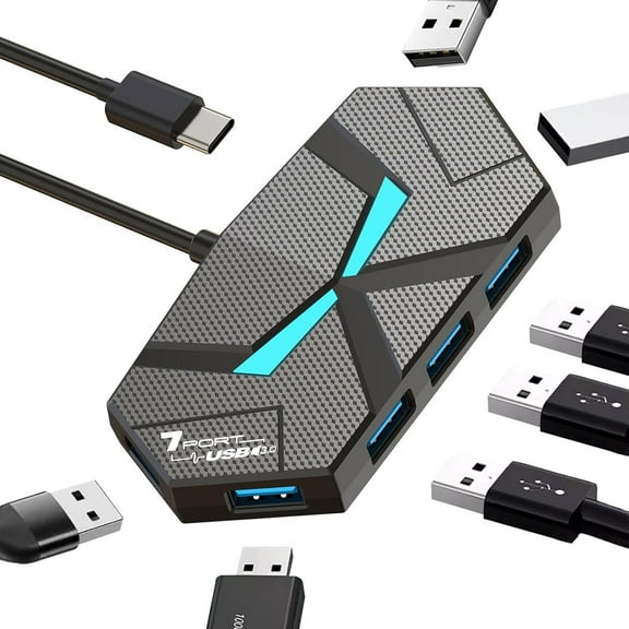 ZHENYEMEI USB C Hub Multiport Adapter, 7-Port USB C to USB Hub, USB 3.0 Splitter for Laptop, PC, Xbox, Gamepad,Flash Drive, HDD, Console, Printer, Camera,Keyboard, Mouse,USB Fan (Type-C, 1ft)