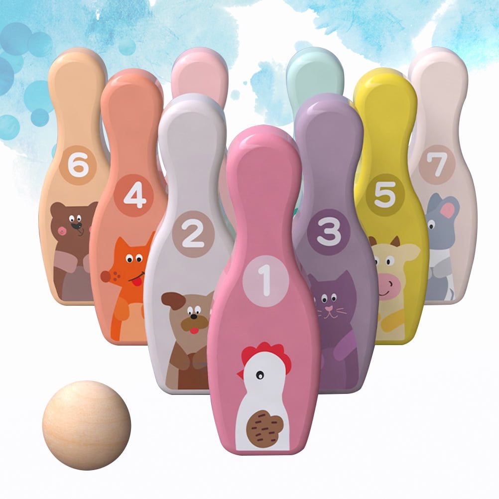 1 Set Bowling Play Sets Wooden Gutterball Educational Funny Bowling Ball Toys for Children Toddlers (9 Pcs Target Bottle and 1 Pc