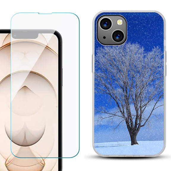 Slim-Fit Flexible TPU Gel Phone Case for iPhone 13, with Tempered Glass Screen Protector, by OneToughShield ® - Snowing Tree