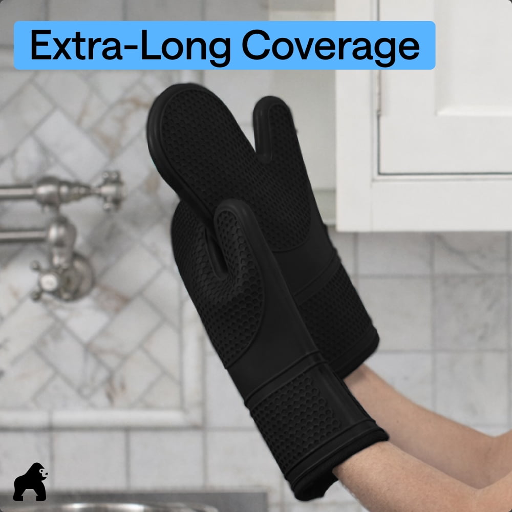 GORILLA GRIP Heat Resistant Durable Silicone Oven Mitts, BPA-Free Protective Grilling Potholders, Soft Cotton Lining, Flexible Waterproof Cooking Mitt Set, Kitchen Home Essentials, 12.5x8.3, Black